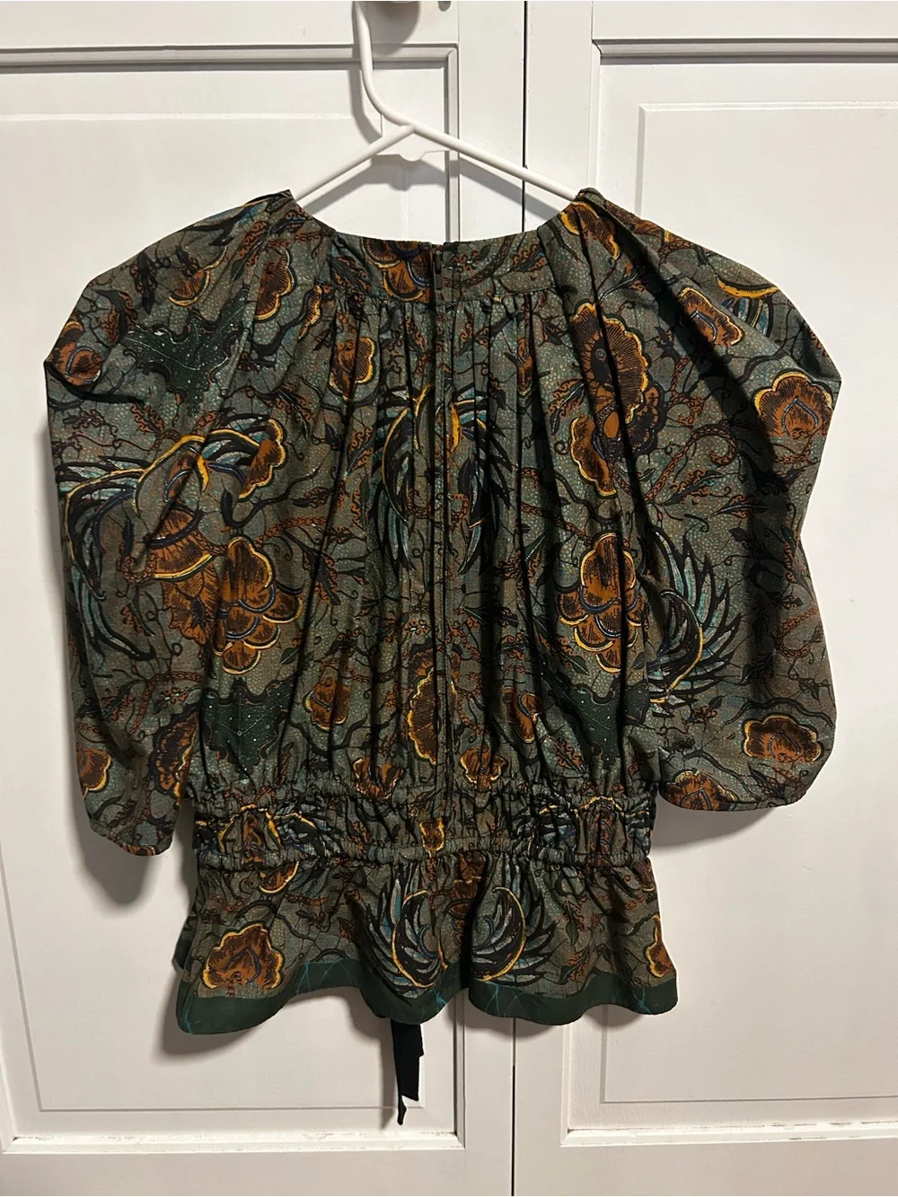 Ulla Johnson Olive Green and Brown Botanical Puff-Sleeve Blouse
